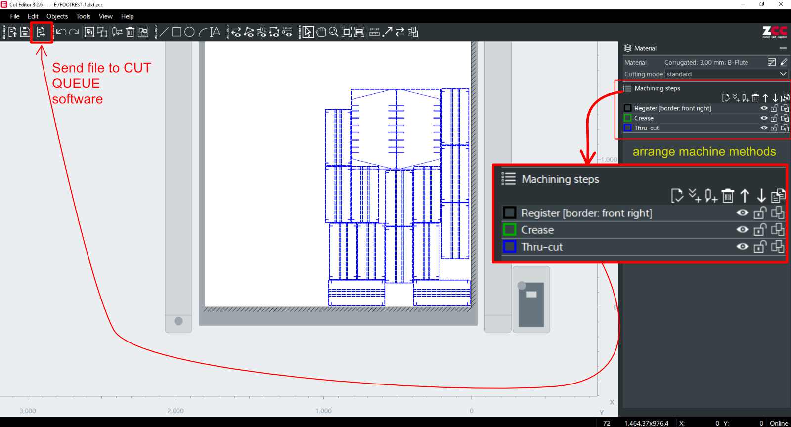 The layers define how the machine performs the process, so they must be arranged in a specific order. REGISTER (Border ; Front Right) is used first to mark the cardboard edge using the camera so the machine can calculate the starting point. CREASE is performed second because cutting first could move the parts. THRU CUT is performed last because it separates the shapes from the cardboard.